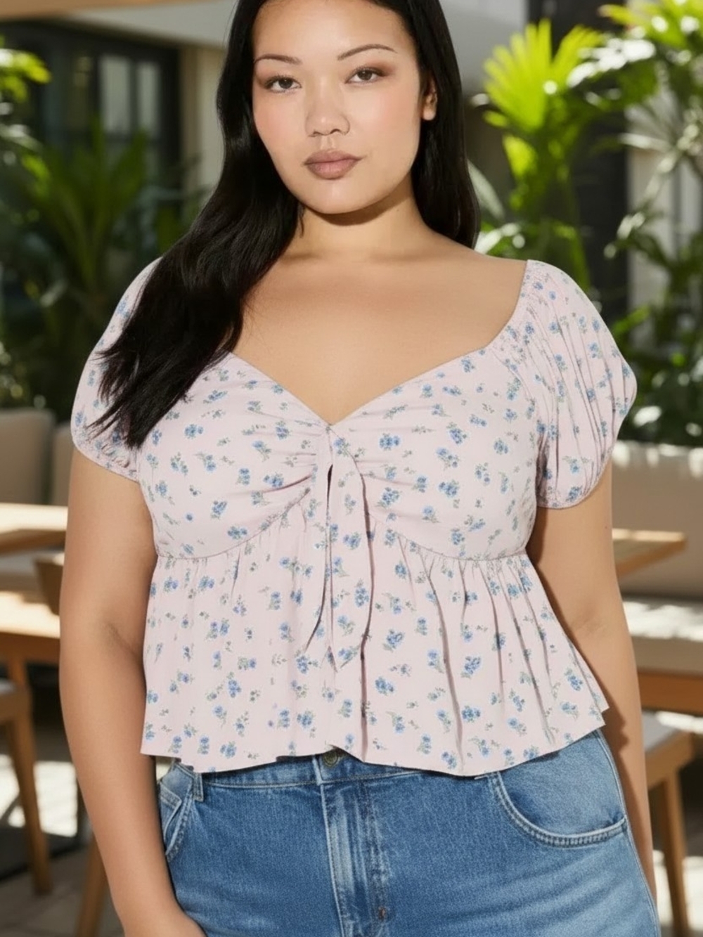 LOVESICK Tie-Front Floral Peplum Blouse in Blush Pink